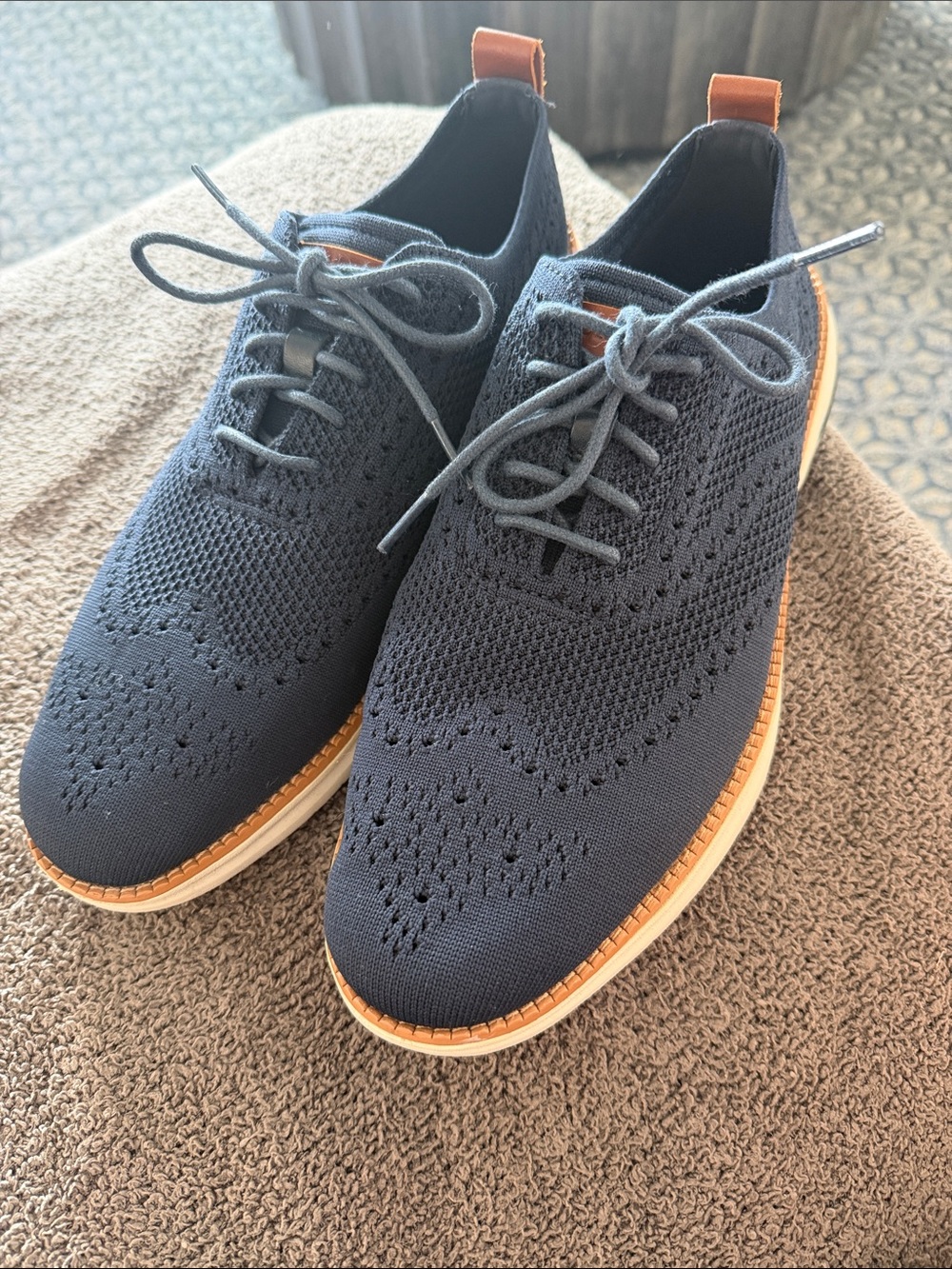 Cole Haan Navy Knit Wingtip Derby with Tan Trim